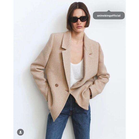 Anine Bing Oversized Fishbone Blazer Tan/White Herringbone Print Size Large - Picture 2 of 10